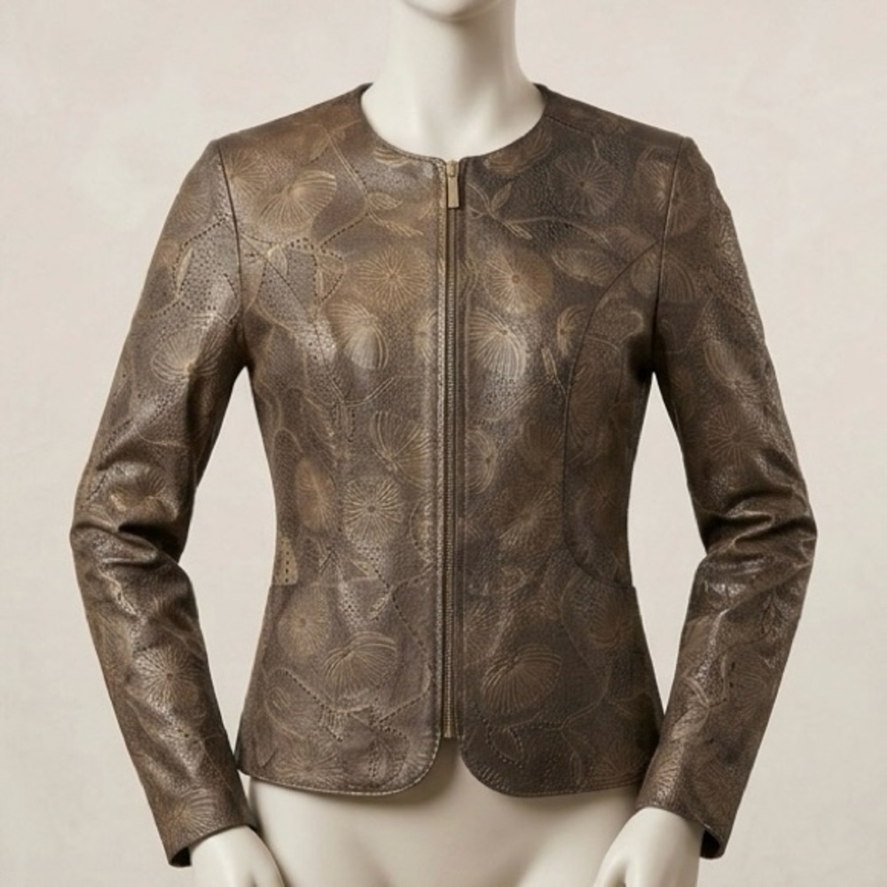 Siena Women's perforated bronze metallic Leather Jacket size Small lined pockets